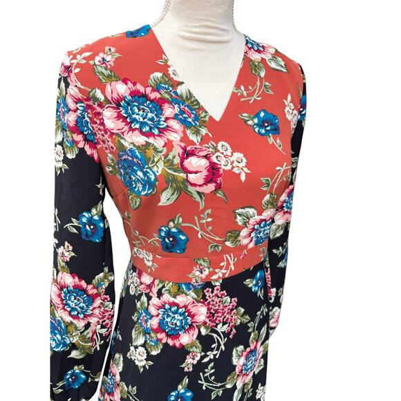 Brooks Brothers Red Fleece Floral V Neck Long Sleeve Fit and Flare Dress - 4 - Picture 4 of 9